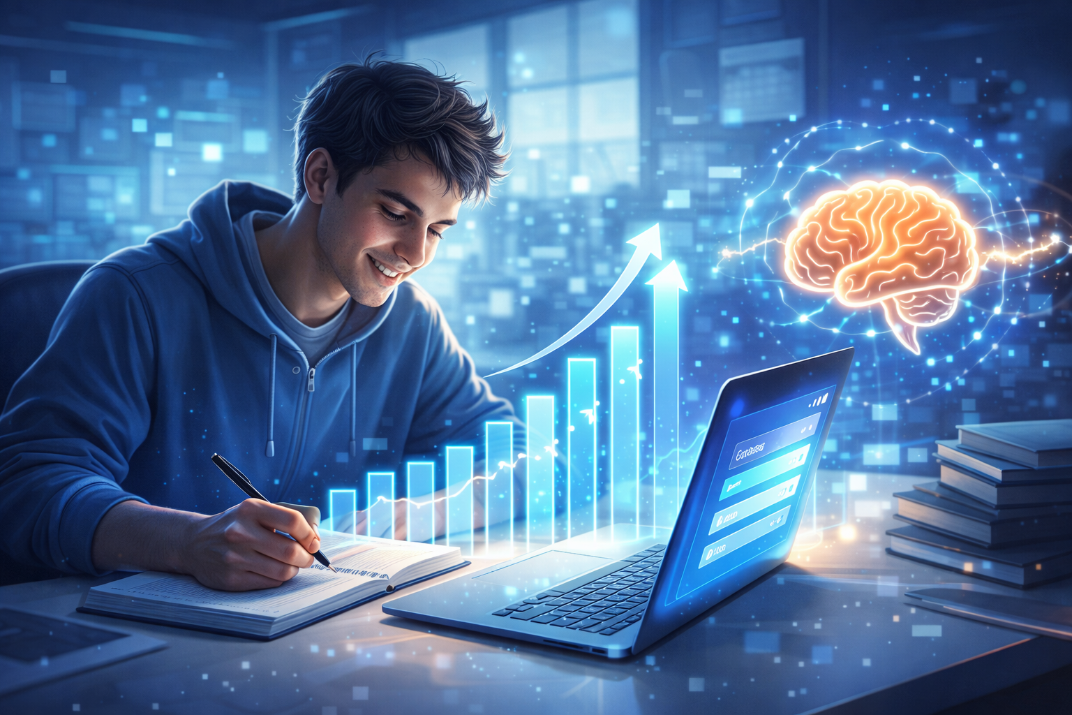 “A motivated student studying with a notebook and laptop, surrounded by glowing arrows and progress bars showing increasing growth. A brain icon with energy waves representing learning momentum. Bright, modern, high-detail illustration, 16:9 banner.”