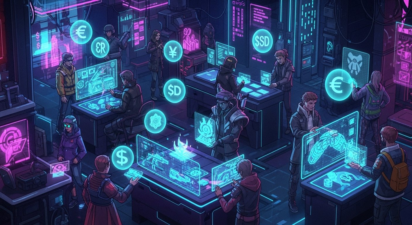 A futuristic digital marketplace inside a video game where players trade glowing virtual items for real money. Holographic currency symbols float around avatars exchanging assets. Neon cyber aesthetic, modern gaming economy theme, high detail, cinematic lighting, editorial illustration style, 4K.