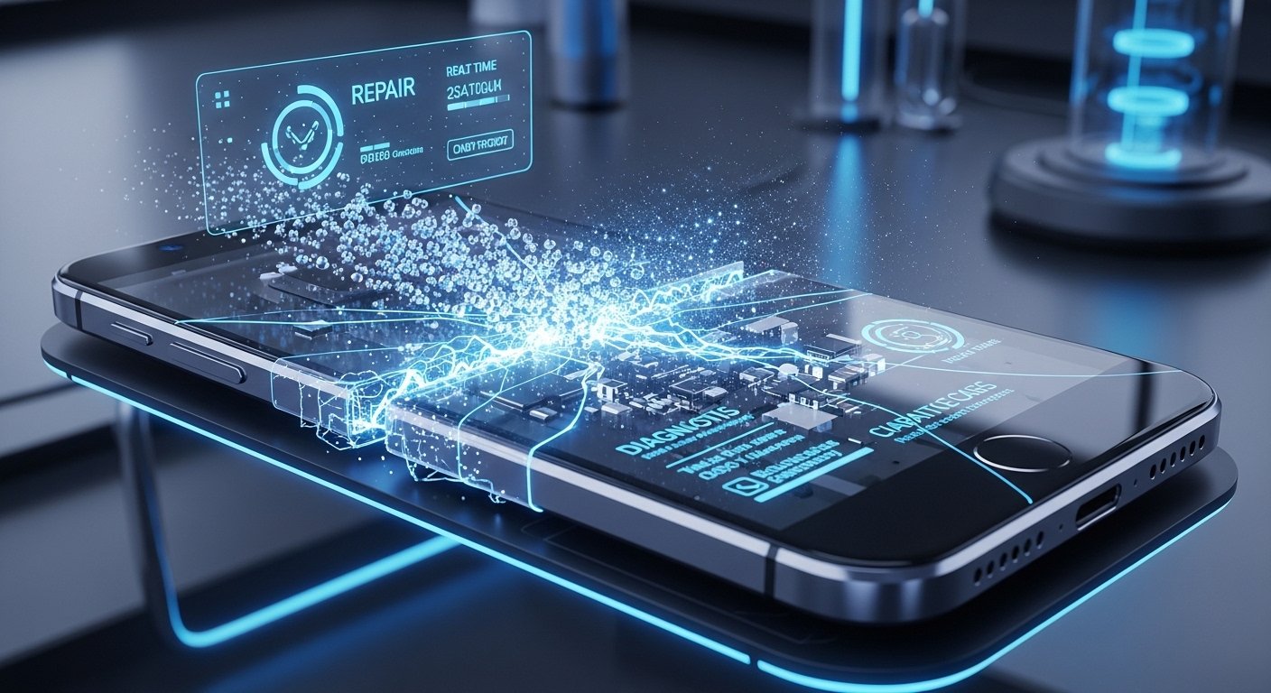 Create a futuristic illustration of a cracked smartphone screen repairing itself with glowing nano-particles sealing the fracture. Show electronic circuits reconnecting automatically inside the device, with holographic repair indicators and soft blue neon lighting. Clean, high-tech, realistic sci-fi style.
