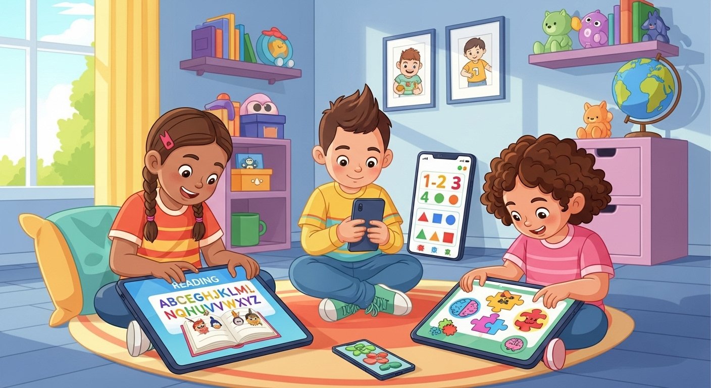 "Illustration of students in a modern classroom using smartphones and laptops for learning, watching educational videos, collaborating online, bright and colorful, digital learning theme, 2026 style."
