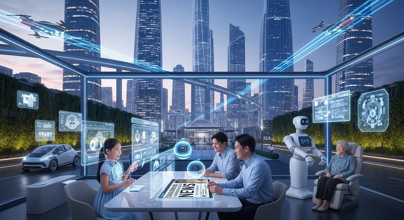 A futuristic daily life scene showing Artificial Intelligence integrated into everyday activities: smart homes, AI assistants, autonomous cars, healthcare robots, and digital holographic interfaces. Ultra-modern city background, glowing blue and white tones, cinematic lighting, highly detailed, realistic sci-fi style.