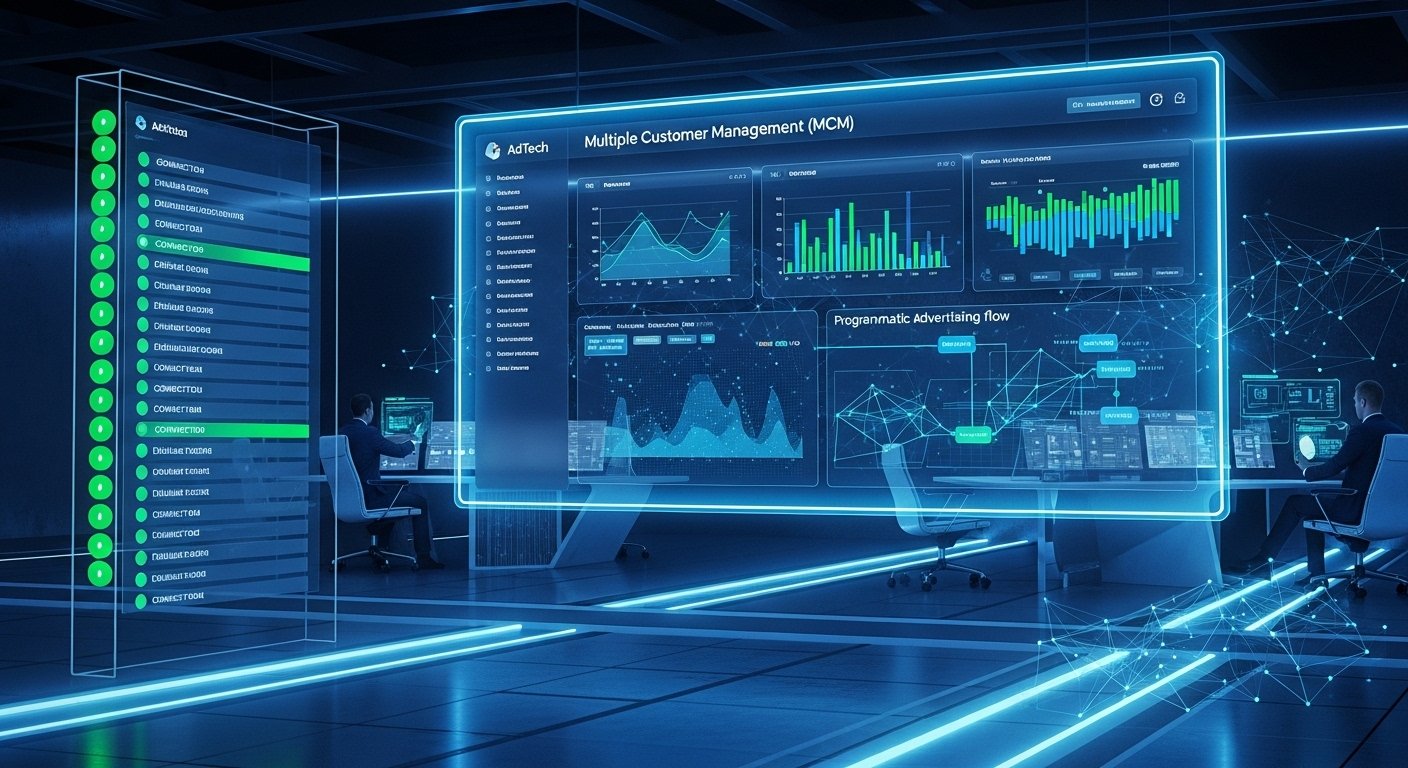 A futuristic AdTech control center showing Multiple Customer Management (MCM) dashboard, multiple publisher accounts connected in one system, Google Ad Manager style interface, revenue charts, programmatic advertising flow, glowing digital network, modern corporate tech environment, blue and green neon theme, ultra realistic, 4K cinematic lighting